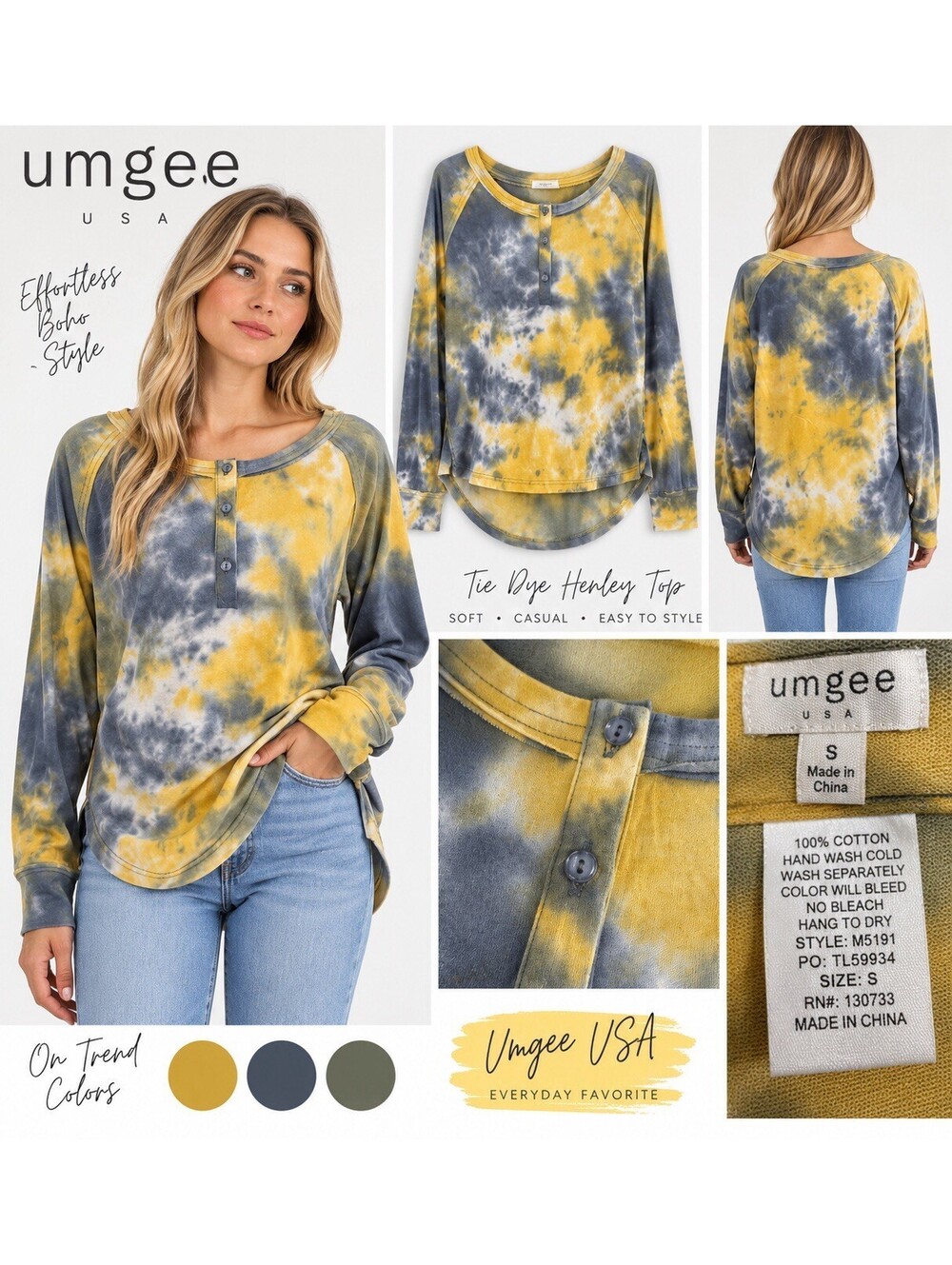 Umgee NEW USA Tie Dye Henley Top Women’s S Mustard Gray Long Sleeve NWT